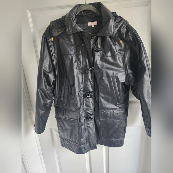 Vintage Y2K Leather Duffle Cocoon Relaxed Fit Leather Mid Length Coat Ladies M - Picture 1 of 11